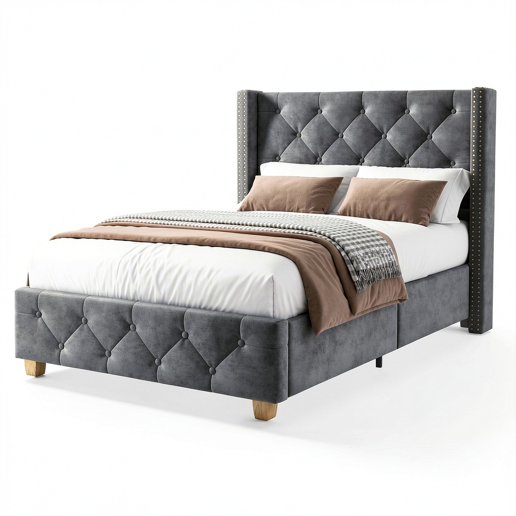 Lit, avec sommier, rembourré, coloris gris, pour la chambre