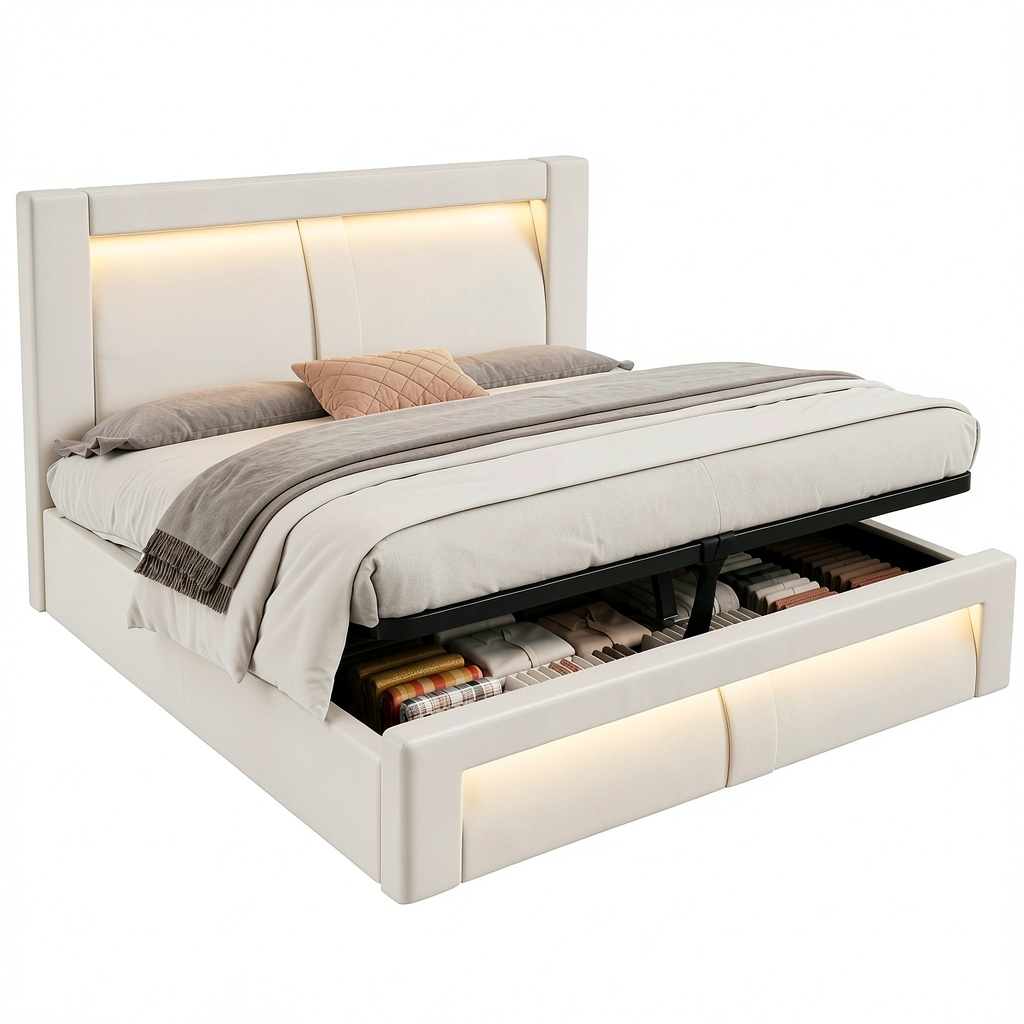 Lit coffre, en velours et tissu, avec rangement, avec éclairage LED, avec prise intégrée, coloris beige, 160 x 200 cm, pour la chambre