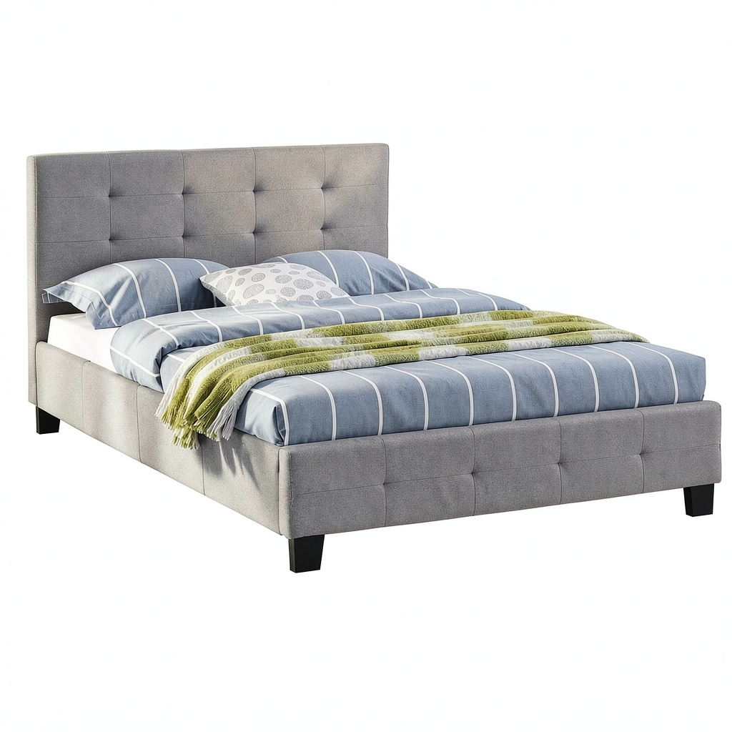Lit, 1 place, avec sommier, en tissu, coloris gris, 120 x 190 cm, pour la chambre