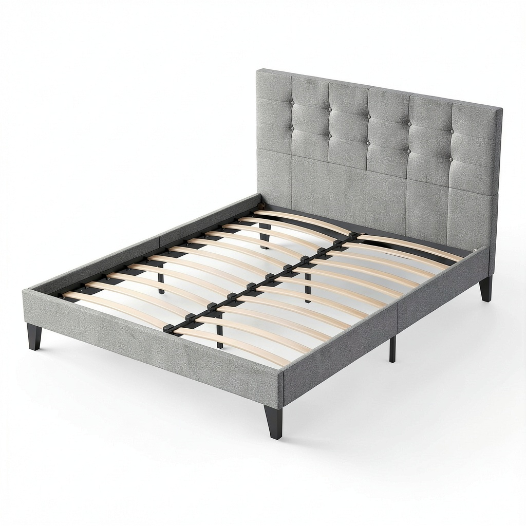 Lit, avec sommier, en tissu, coloris gris, 140 x 190 cm, pour la chambre