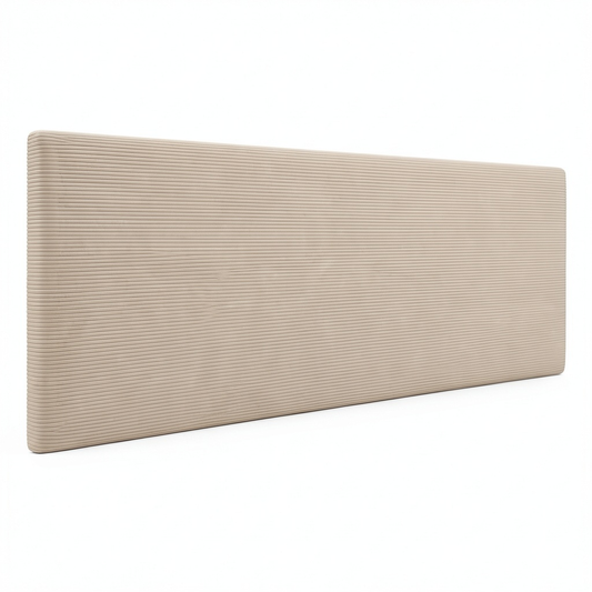 Lit, en velours côtelé, rembourré, coloris beige, pour la chambre