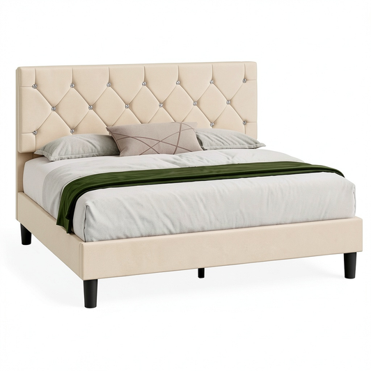 Lit, réglable, avec sommier, rembourré, en velours et tissu, 140 x 190 cm, coloris beige, pour la chambre