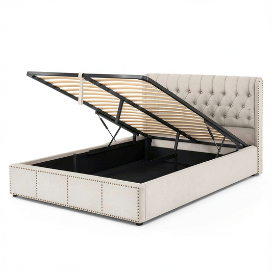 Lit, avec rangement, avec sommier, rembourré, 180 x 200 cm, coloris beige, pour la chambre