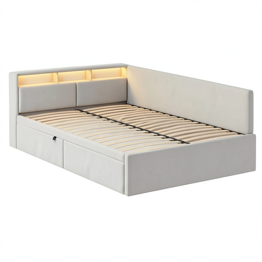 Canapé convertible, avec étagères, avec prise intégrée, en lin, 2 places, coloris beige, pour le salon ou la chambre d’amis