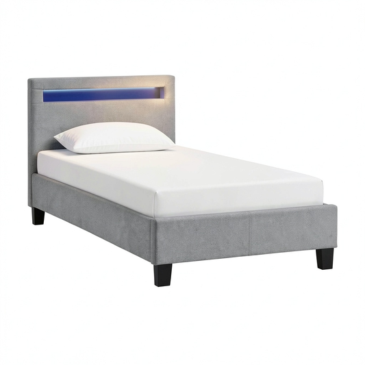 Lit, 1 place, avec sommier, en tissu, coloris gris, 90 x 190 cm, pour la chambre