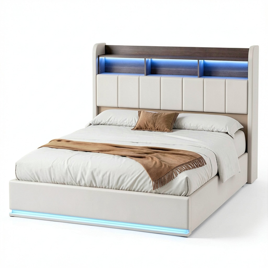 Lit coffre, 2 places, avec rangement, avec étagères, avec prise intégrée, coloris blanc, pour la chambre