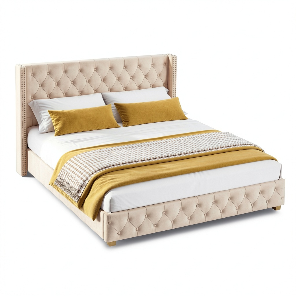 Lit, en velours et tissu, avec sommier, coloris beige, 2 places, pour la chambre
