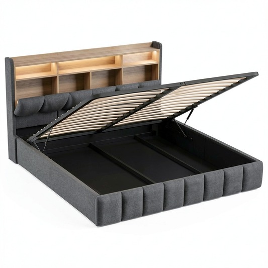 Lit coffre, avec rangement, avec étagères, avec sommier, en lin, 2 places, coloris gris, pour la chambre