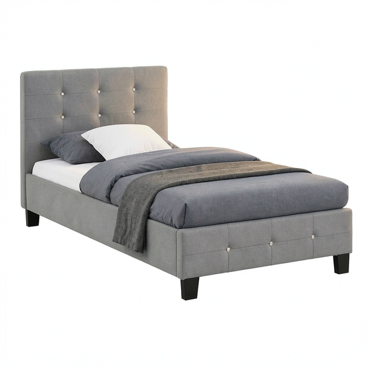 Lit, 1 place, avec sommier, en tissu, coloris gris, 90 x 190 cm, pour la chambre