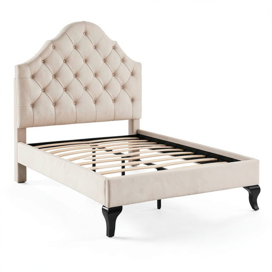 Lit, en velours, réglable, avec sommier, coloris beige, 1 place, 90 x 200 cm, pour la chambre