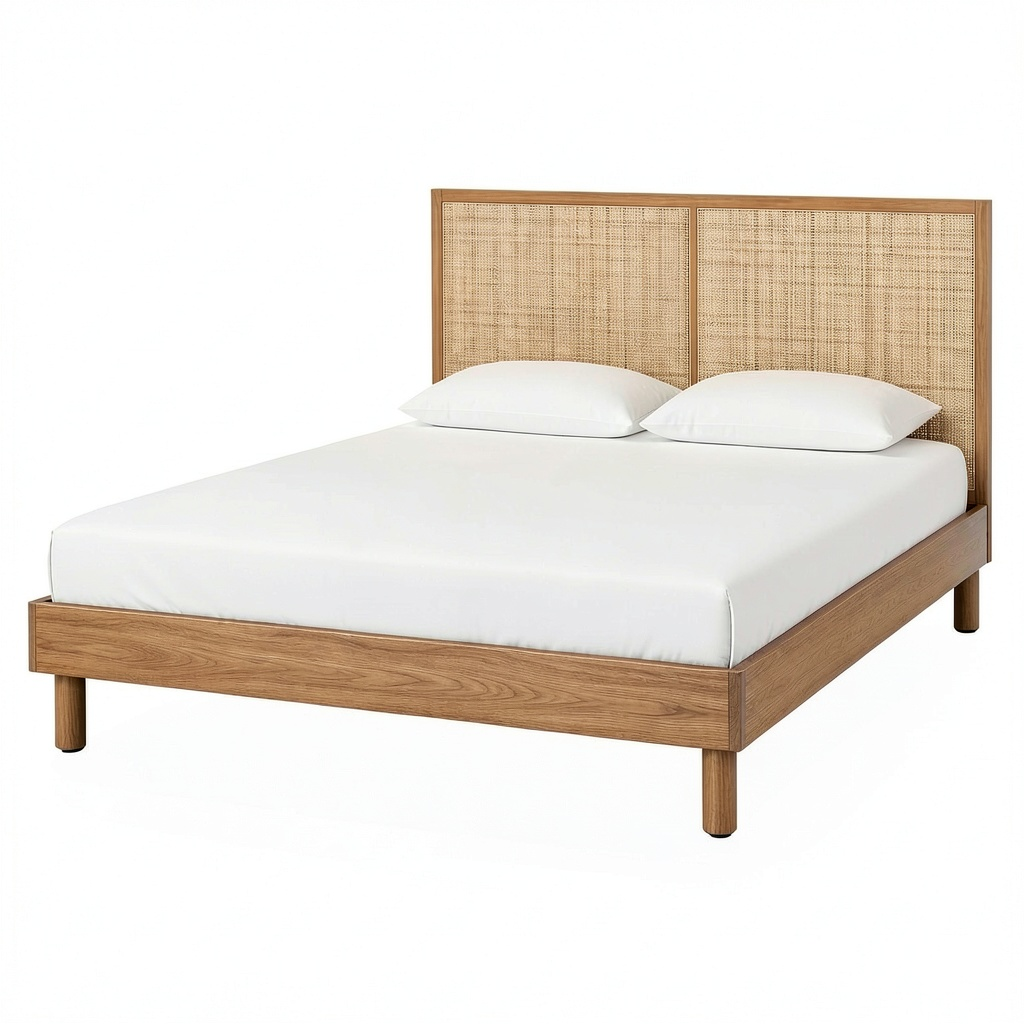 Lit, en chêne et résine tressée, coloris naturel, pour la chambre